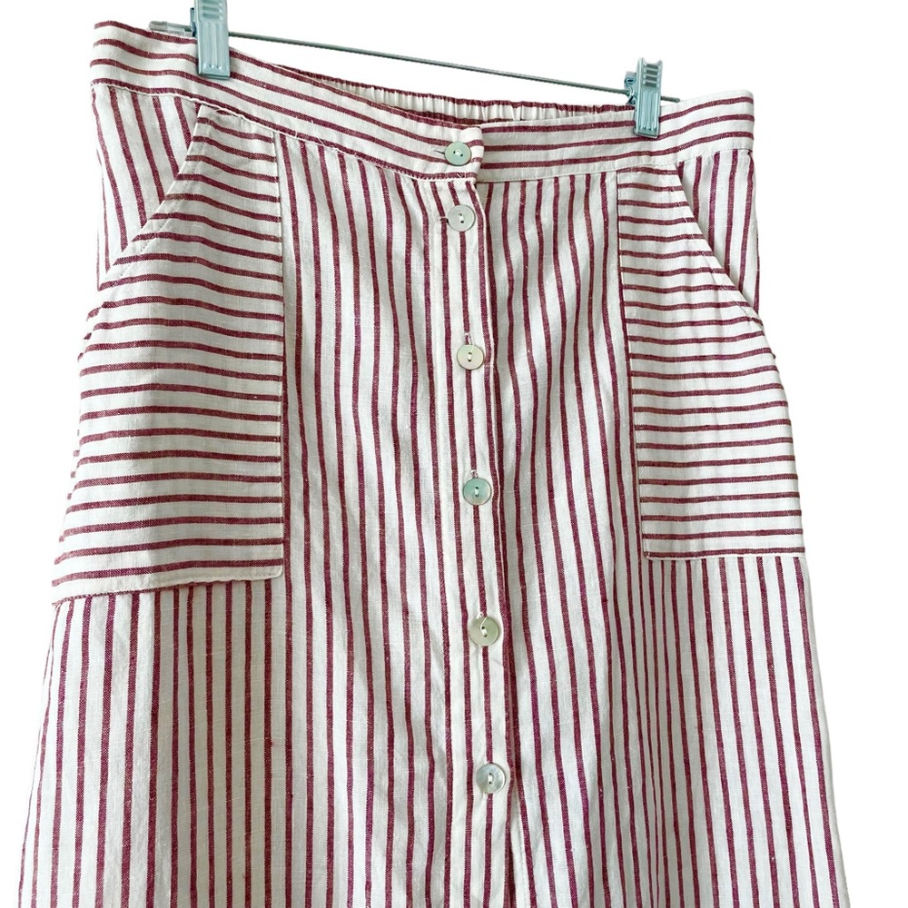100% Linen Button Down Striped Maxi Skirt with Pockets Size Large